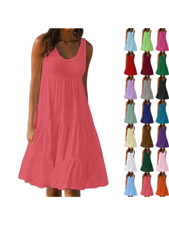 Sundresses for Women, Womens Summer Round Neck Print Sleeveless Beach Dress Watermelon Red L