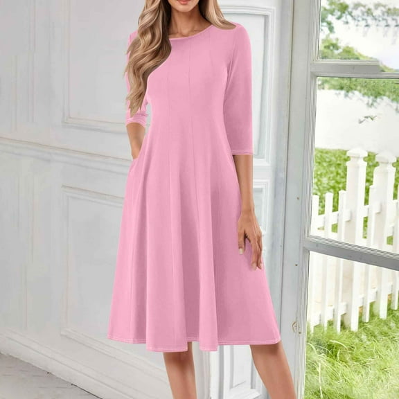 Summer Casual Dresses for Women, Women Fashion Casual Pleated-cent Sleeve Round-Neck Solid Dress