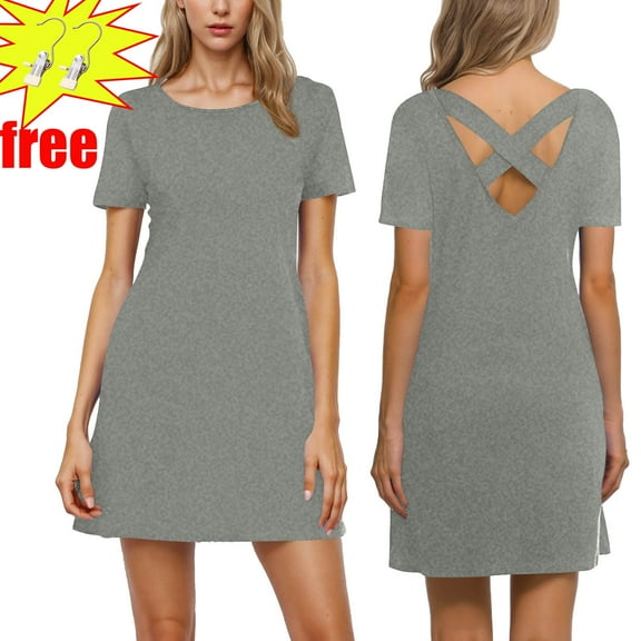 Women Summer Dress Fashionable Solid Color V-neck Thin Dress,Gray ,Size M