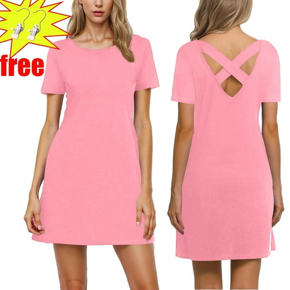 Women Summer Dress Fashionable Solid Color V-neck Thin Dress,Pink ,Size XXL