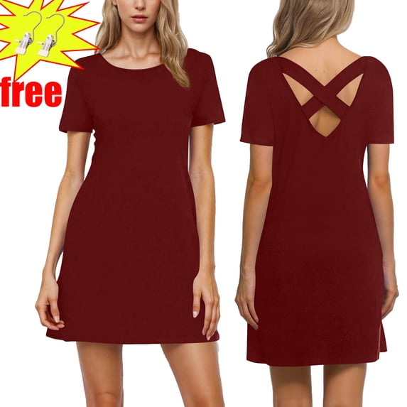 Women Summer Dress Fashionable Solid Color V-neck Thin Dress,Wine ,Size M