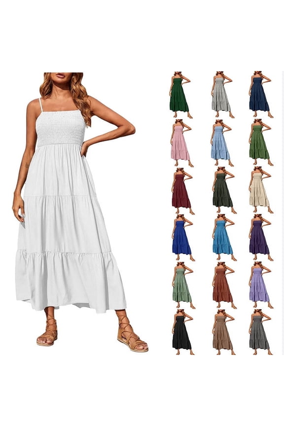 Women's Bohemian Spaghetti Strap Smocked Tiered Long Beach Sun Dresses Sleeveless Solid Maxi Dress