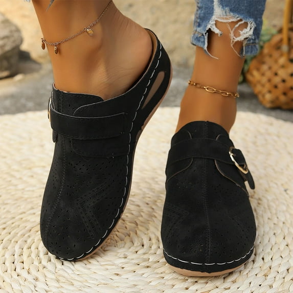 Women's Casual Sandals Hollow Solid Buckle Strap Decoration Closed Toe Sandals Thick Bottom Half Slippers Wedge Heels