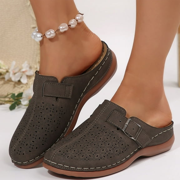 Women's Casual Sandals Hollow Buckle Strap Decoration Closed Toe Sandals Thick Bottom Half Slippers Wedge Heels