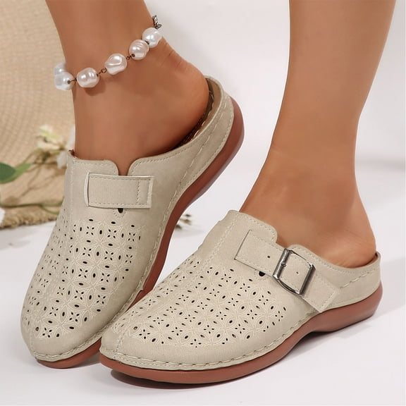 Women's Casual Sandals Hollow Buckle Strap Decoration Closed Toe Sandals Thick Bottom Half Slippers Wedge Heels