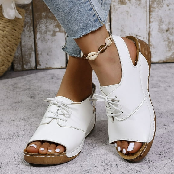 Women's Fashion Casual Summer Style Roman Lace-Up Fish Mouth Thick Bottom One-Foot Slip-On Round Head Open Toe Beach Sandals