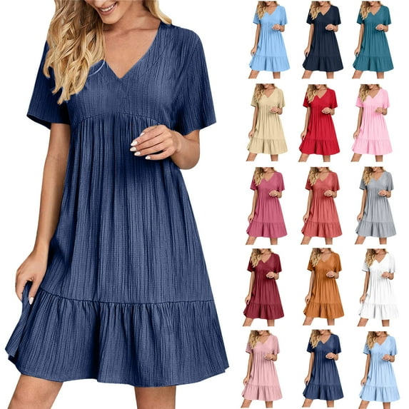 Women's Summer Dresses Casual Short Sleeve Dresses Loose Elastic Waist Dress V Neck Midi Dress Casual Beach Sundress Blue M