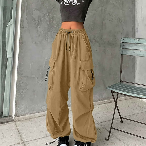Women Pants Womens Cargo Pants Sawvnm Casual Solid Comfortable Elastic High Waist Casual Pocket Drawstring Length Pants for Women Coffee 3XL