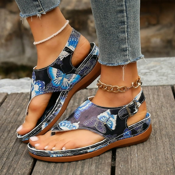 Womens Sandals Comfortable Oversized Herringbone Sandals Butterflys Print Back Buckle Sloping Heel Sandals