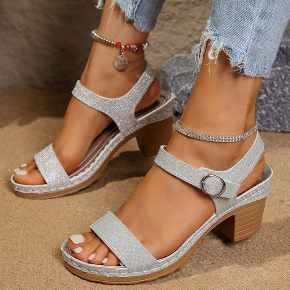 Sandals for Women Casual One-Strap Sequin Buckle Spring And Summer New Thick High-Heeled Sandals