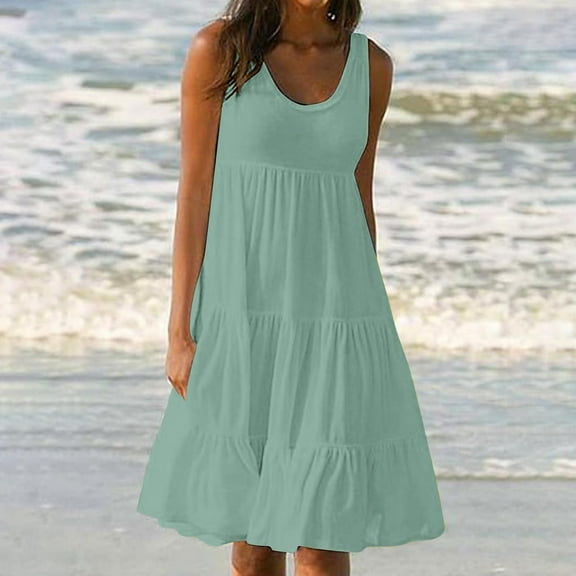 Womens Summer Dresses Womens Summer Round Neck Print Sleeveless Beach Dress Mint Green L
