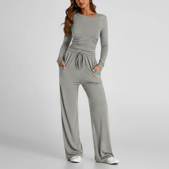 Womens Two Piece Outfits Basic Long Sleeve Slim Fit Crop Top Fold Over Leggings Pants Tracksuit Yoga Loungear Matching Set