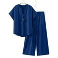 thumbnail image 1 of Sevevn Women Loose Casual Solid Color And Linen Short Sleeved Tops+Pants Outwear Set Gift for Girls Blue L, 1 of 7