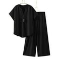 thumbnail image 1 of Clearance under 15$ Sevevn Women Loose Casual Solid Color And Linen Short Sleeved Tops+Pants Outwear Set Sales Today Clearance Black XXXXXL, 1 of 7