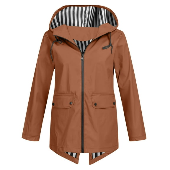 Sevevn Women Solid Rain Outdoor Plus Size Hooded Windproof Loose Coat Tops With Pocket Family Gifts Brown L