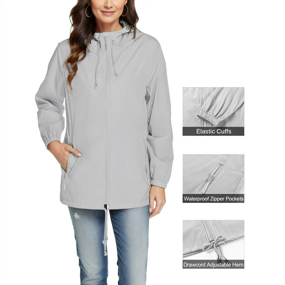 Turilly Women's Coats and Jackets Women Solid Color Rain Jacket Outdoor Hooded Windproof Loose with Pocket Coat