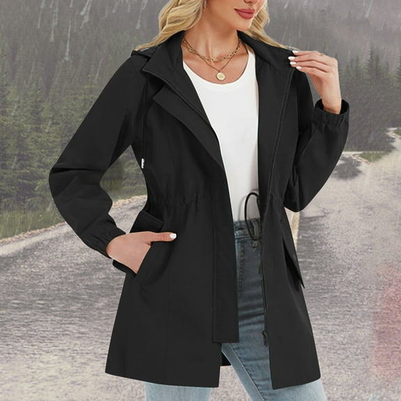 Sevevn Ladies' Outdoor Sports Waterproof Drawstring Pocket Detachable Hooded Jacket Holiday Gift Finder Black M