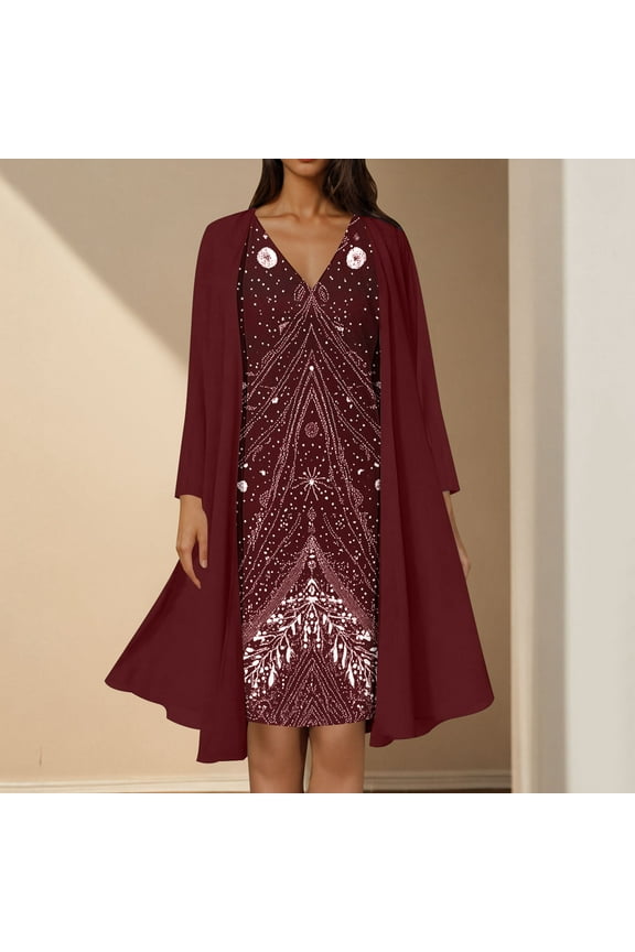 2 Piece Mother of The Bride Dresses for Wedding with Jacket Tea Length Vintage Printed Wedding Guest Dresses for Women