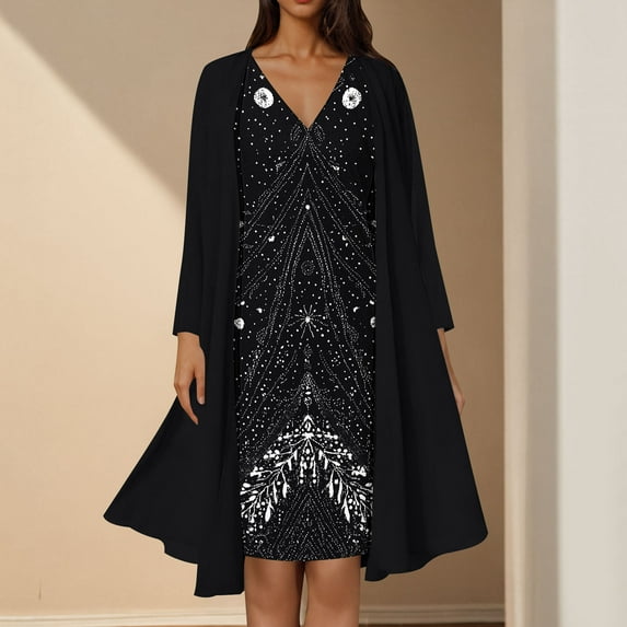 qolati 2 Piece Mother of The Bride Dresses for Wedding with Jacket Tea Length Vintage Printed Wedding Guest Dresses for Women