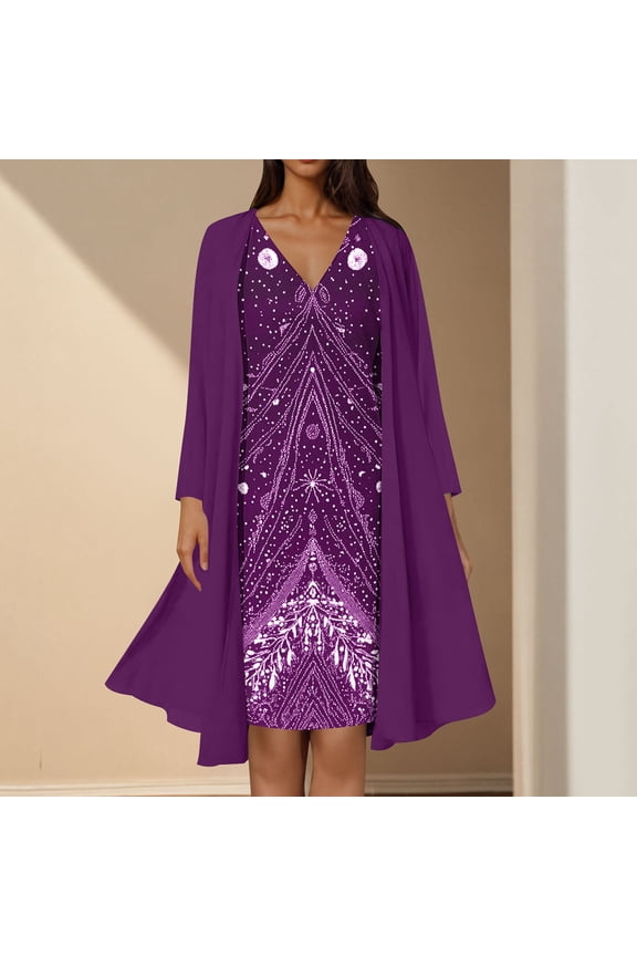 2 Piece Mother of The Bride Dresses for Wedding with Jacket Tea Length Vintage Printed Wedding Guest Dresses for Women