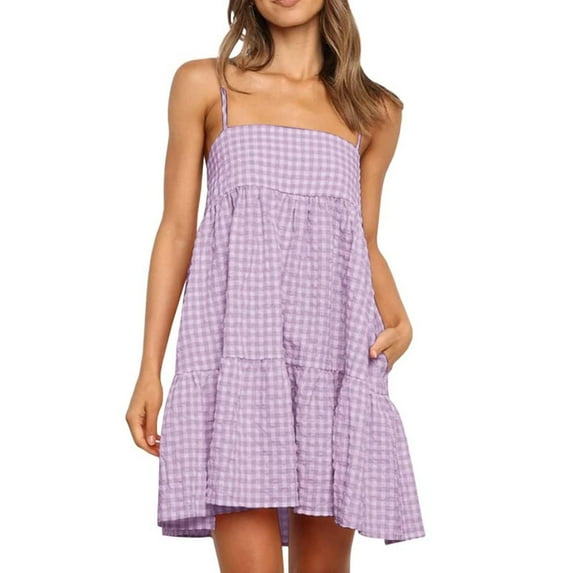 qolati Summer Dresses Women 2025 Cute Plaid A-line Dresses Spaghetti Strap Ruffle Hem Casual Mini Dress with Side Pocket