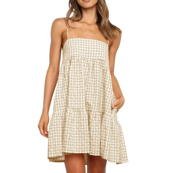 qolati Summer Dresses Women 2025 Cute Plaid A-line Dresses Spaghetti Strap Ruffle Hem Casual Mini Dress with Side Pocket