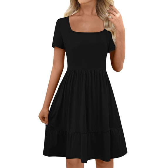 qolati Summer Dresses for Women 2025 Casual Short Sleeve A-Line Midi Dress Ruffle Tiered Flowly Beach Tunic Sundresses