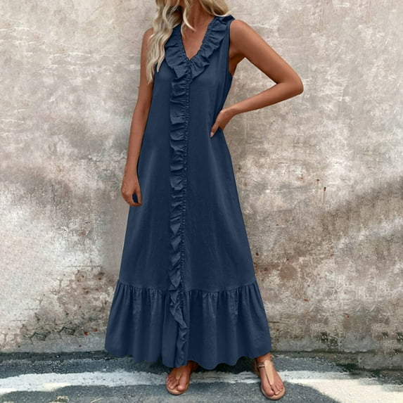 qolati Summer Dresses for Women 2025 V Neck Ruffled Tiered Long Maxi Dress Cotton Sleeveless A-Line Pleated Flowy Sun Dresses
