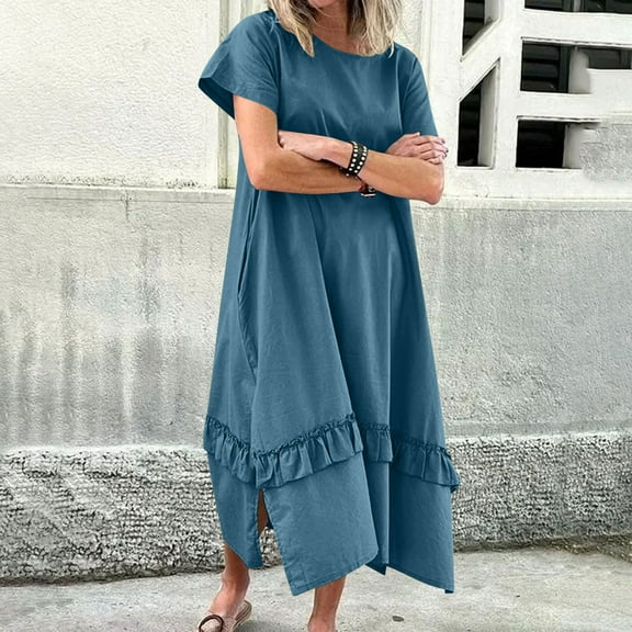 qolati Sundress for Women Baggy Ruffle Dresses 2025 Summer Loose Crewneck Short Sleeve Casual Swing Slit Hem Maxi Dress