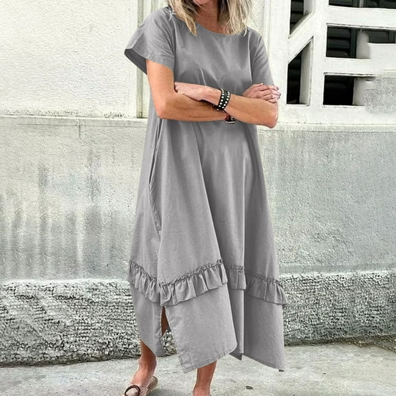 qolati Sundress for Women Baggy Ruffle Dresses 2025 Summer Loose Crewneck Short Sleeve Casual Swing Slit Hem Maxi Dress