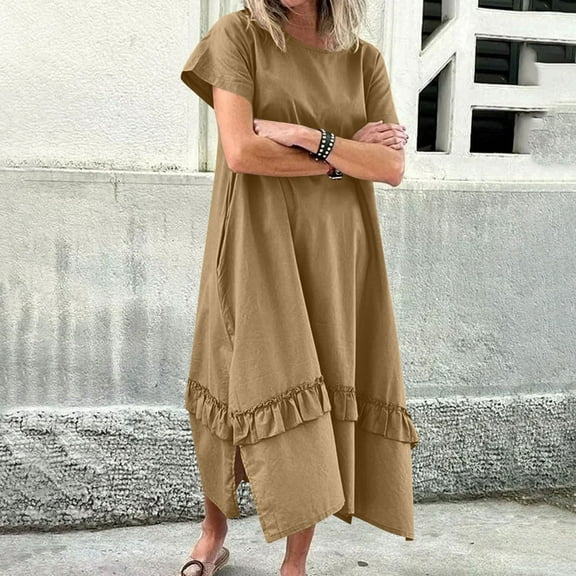 qolati Sundress for Women Baggy Ruffle Dresses 2025 Summer Loose Crewneck Short Sleeve Casual Swing Slit Hem Maxi Dress