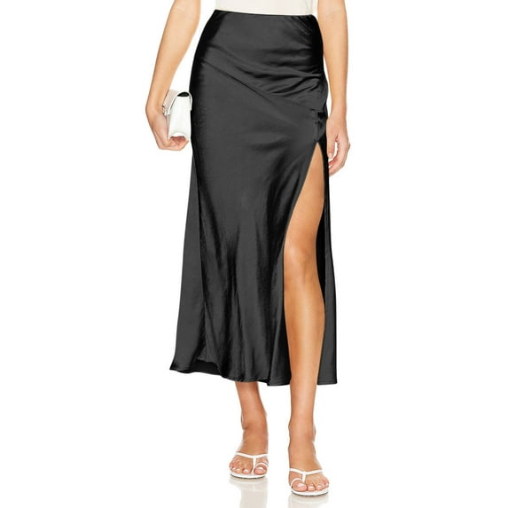 qolati Women Satin Midi Skirt High Elastic Waisted Side Split Party Cocktail Skirts Casual Silk Skirt for Wedding Formal Club
