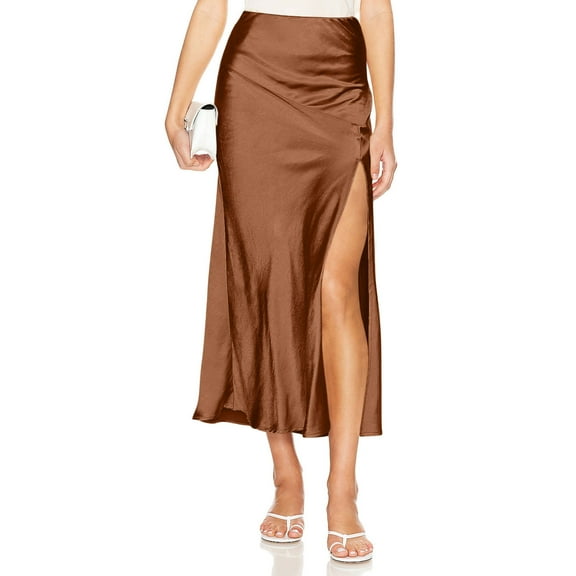qolati Women Satin Midi Skirt High Elastic Waisted Side Split Party Cocktail Skirts Casual Silk Skirt for Wedding Formal Club