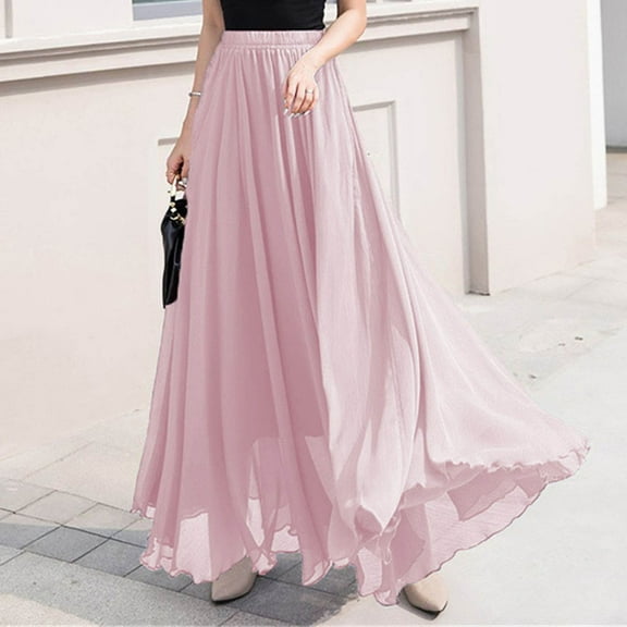 qolati Women's Bohemian Maxi Skirts One Size Elastic Waisted Pleated A Line Flowy Skirts Retro Vacation Beach Long Skirt Dress