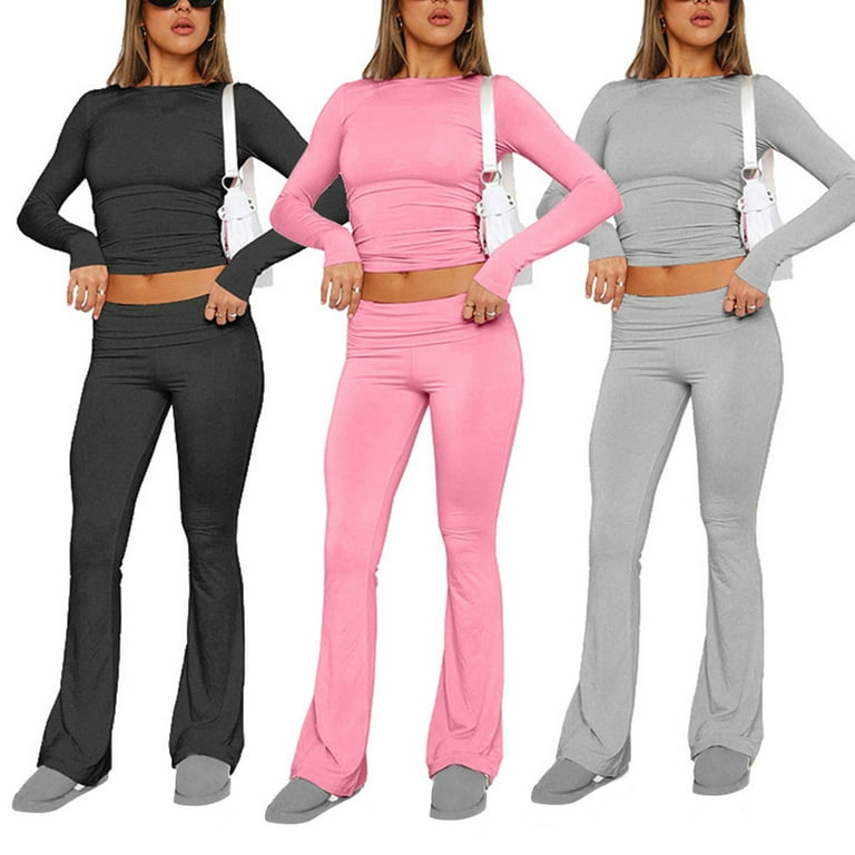 Womens Two Piece Outfits Basic Long Sleeve Slim Fit Crop Top Fold