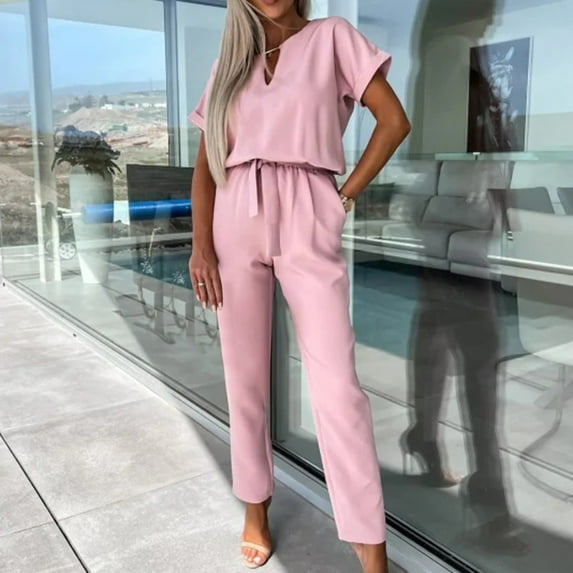 qolati Pant Suits for Women Dressy Casual 2 Piece Sets Short Sleeve Shirts with Straight Leg Pants with Belt Business Work Outfit