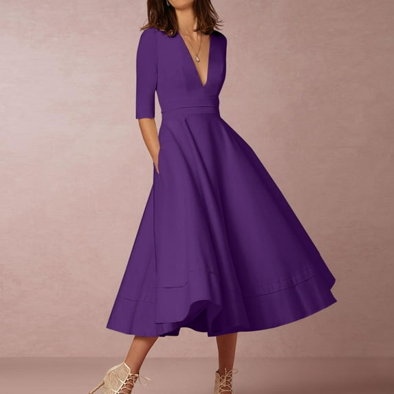 GaThRRgYP Women's Plus Size Dress Sale under $5,Women Fashion Summer Sexy Short Sleeve V-Neck Solid Mid-Calf Dress