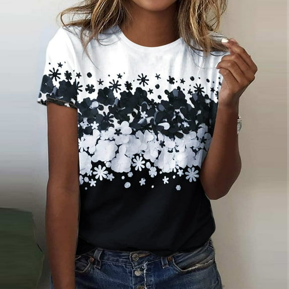 GaThRRgYP Spring Tops for Women 2025,Womens Shirts Short Sleeve,Women's Summer Round-Neck Printed T-Shirts Casual Short Sleeve Blouse Tops