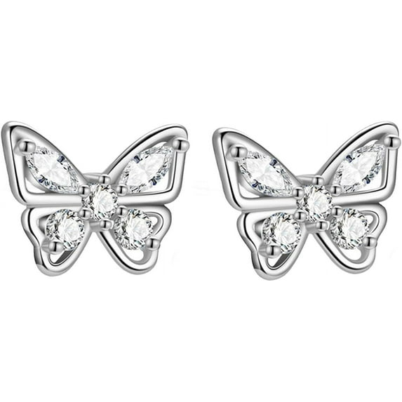 Clearance under $5 14K Gold Plated Sterling Silver Butterfly Stud Earrings, Cubic Zirconia Bow Earring Dainty Earrings for Womene