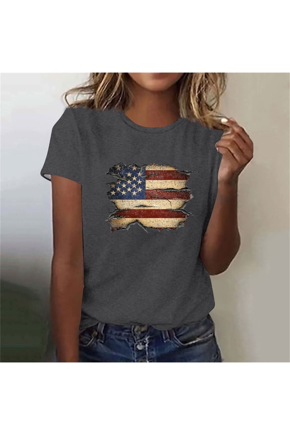 Fashion Women's Independence Day Printed Casual Short Sleeved T-shirt Top Spring Tops for Women Dark Gray L