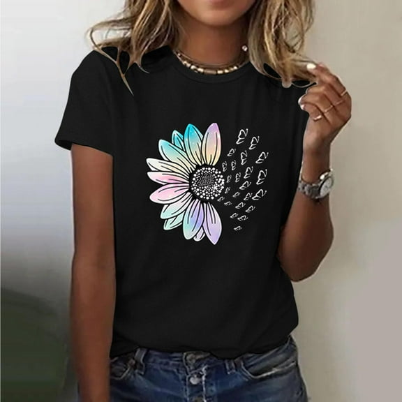 Sevevn Ladies' Fashionable Printed Short Sleeved T-shirt Top Deal of the Week Black XXL