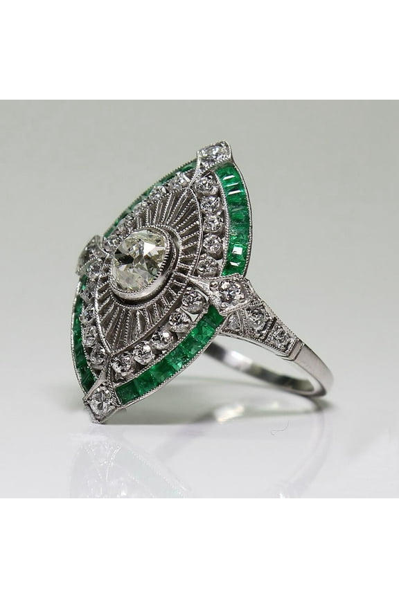 Clearance under $5 925 Sterling Silver Art Deco Diamond Jewelry Natural Gemstone Emerald Ring Sz 7