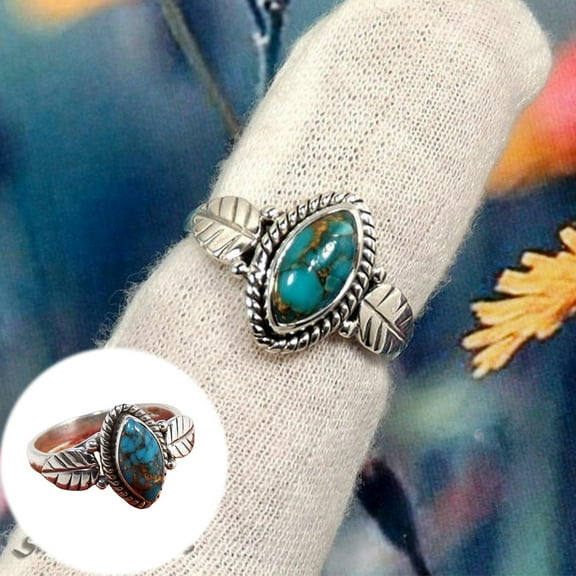 Clearance under $5 925 Sterling Silver Marquise Cut Retro Crack Turquoise Leaf Ring Sz 6