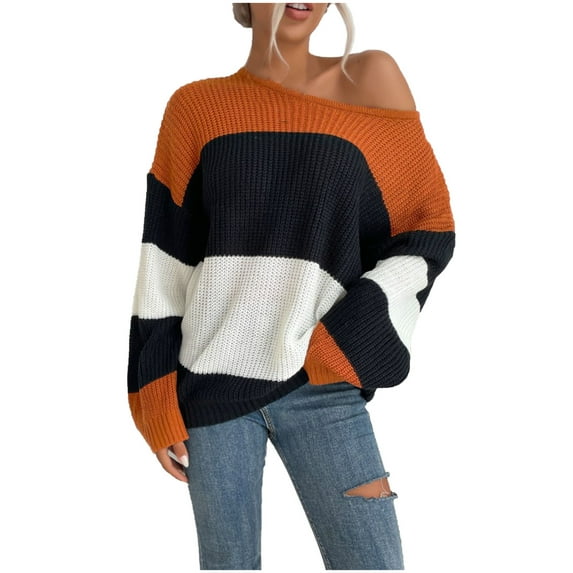 Clearance under $5 JINMGG 2025 Fall Winter Plus Size Sweaters for Women Clearance,Women's Contrast Crew Neck Knit Sweater