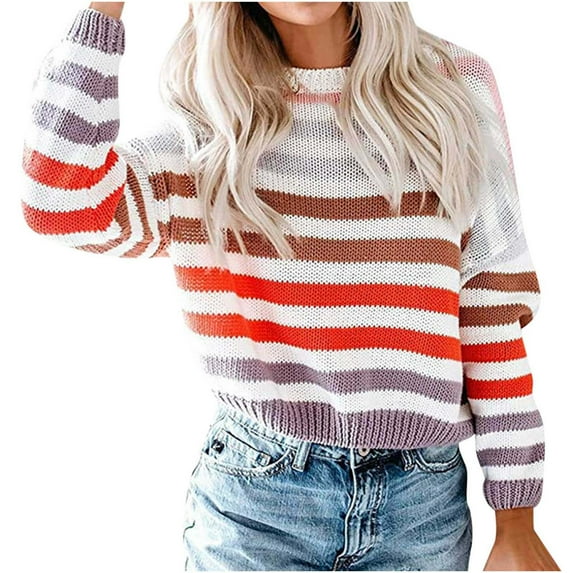 Clearance under $5 JINMGG 2025 Fall Winter Plus Size Sweaters for Women Clearance,Women's Fashion Striped Colorblock Cropped Short Knit Sweater