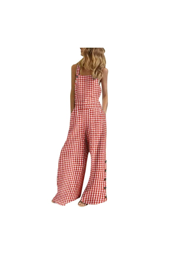 Clearance under $5 JINMGG 2025 Pants for Women Clearance,Women Sleeveless Overalls Jumpsuit Casual Plaid Print Summer Wide Leg Bib Pants