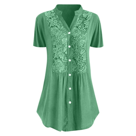 under $5 JINMGG Womens Tops,Fashion Women Casual Plus Size Lace Solid Short Sleeves V-Neck Shirt Blouse Tops,Green XXXL