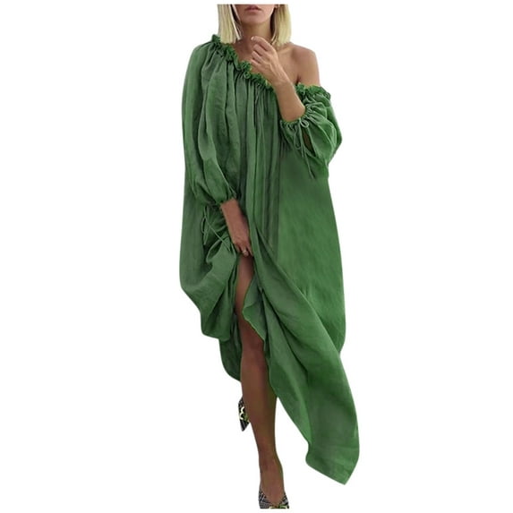 under $5 JINMGG Dress for Women Plus ,Women Plus Size Daily Casual Open Shoulder Vintage Loose Boho Maxi Dress Green XXL