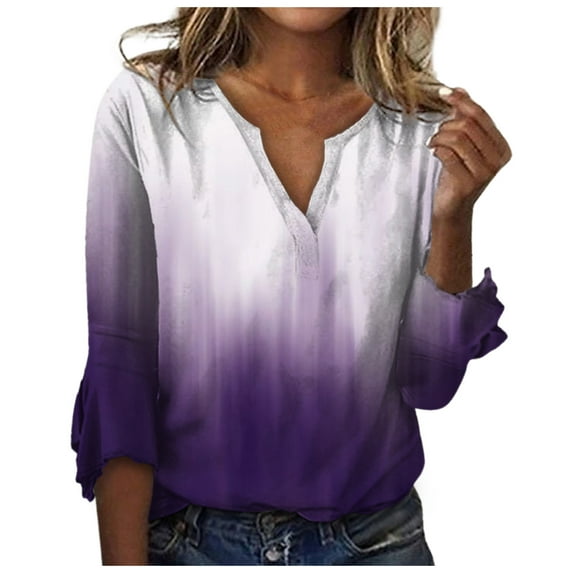 under $5 JINMGG Fall Long Sleeve Shirts for Women Fashion Woman V Neck Three Quarter 3/4Sleeve T Shirt AutumnBlouse Tops Sweatshirt Blue M