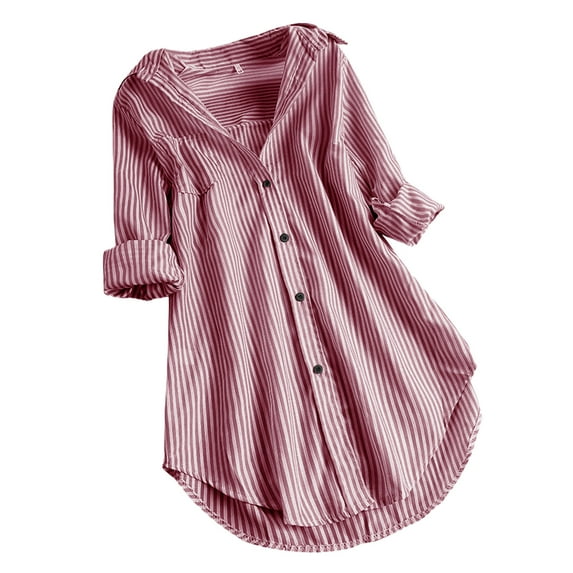 Clearance under $5 JINMGG Fall Tops Women Stripe Long Sleeve Turn-down Collar Button Loose Top Shirts Blouse Wine M